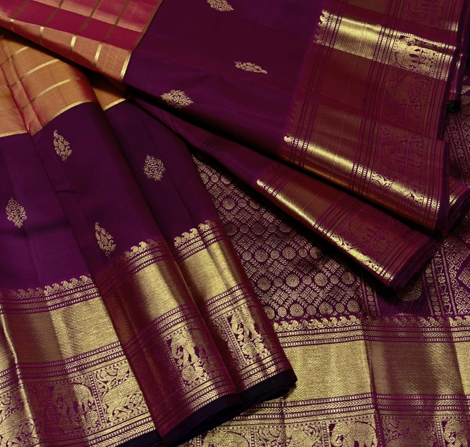 Purple with Rust Orange Kanchipuram Bridal Silk Saree